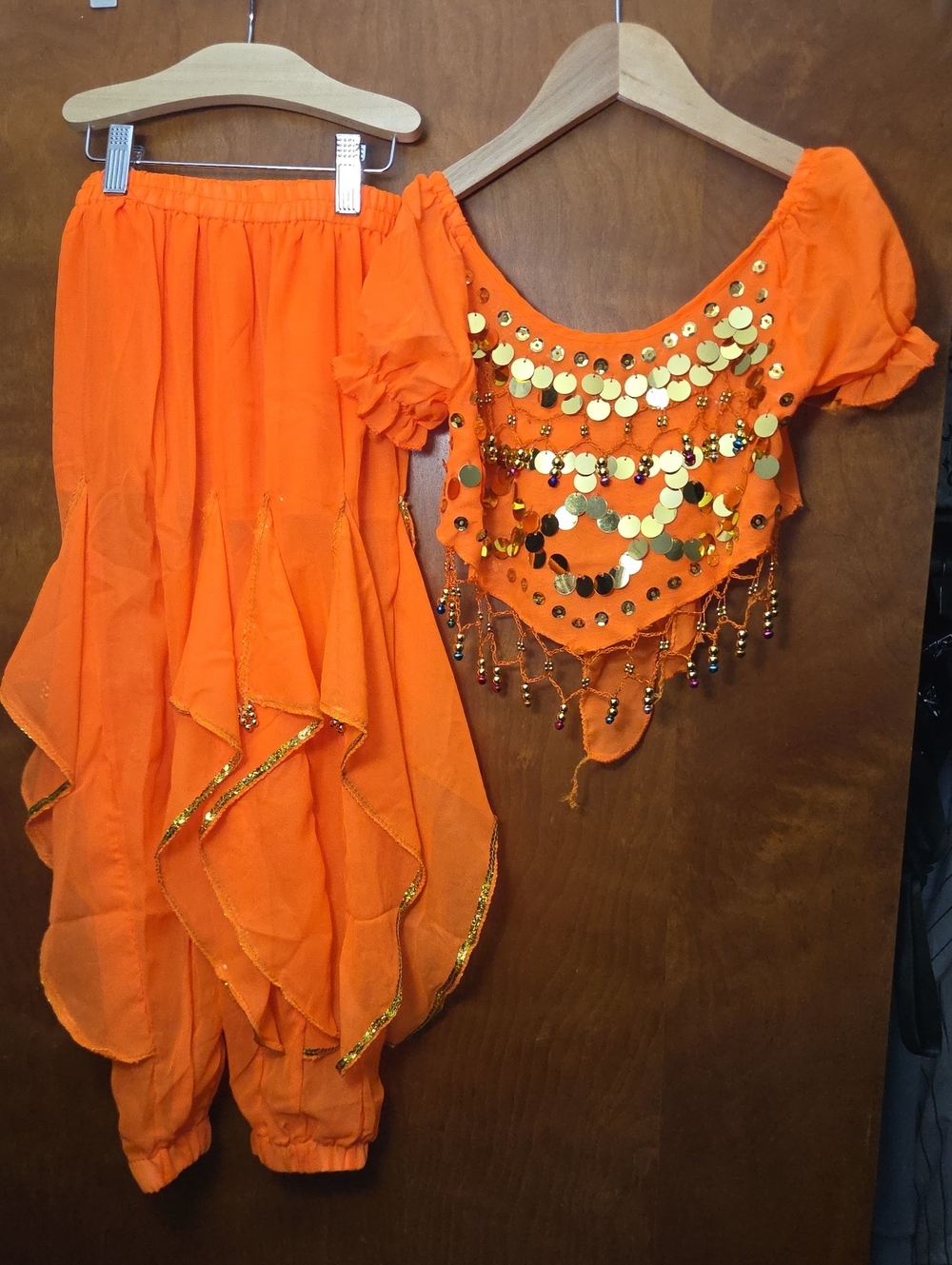Orange Sequin Fringe Belly Dance Skirt Set